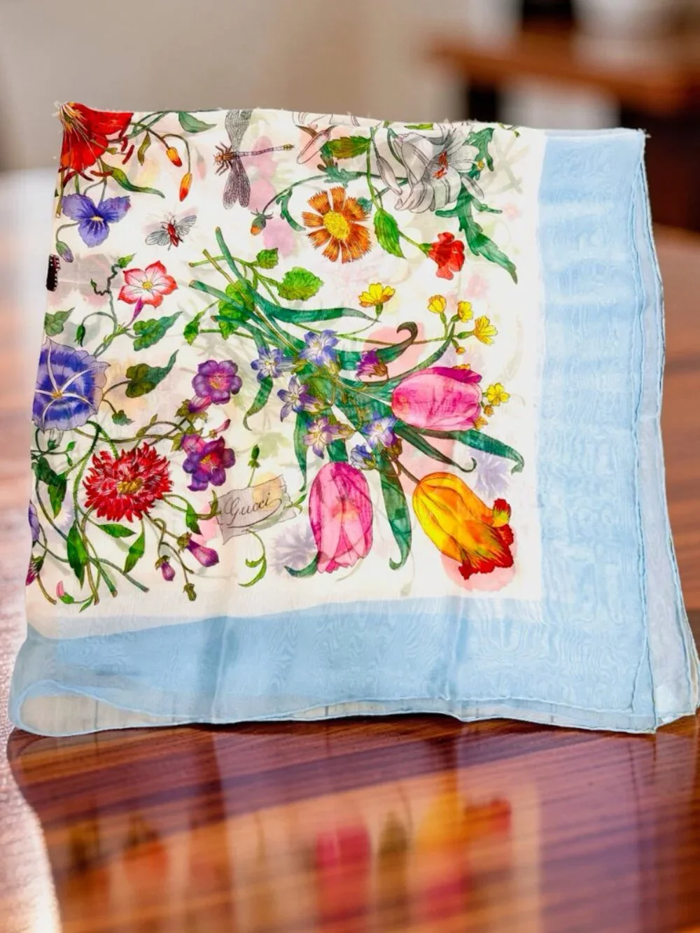 Beautiful Gucci V. ACCORNERO Floral Silk Chiffon Scarf Light Blue Green Pink (20